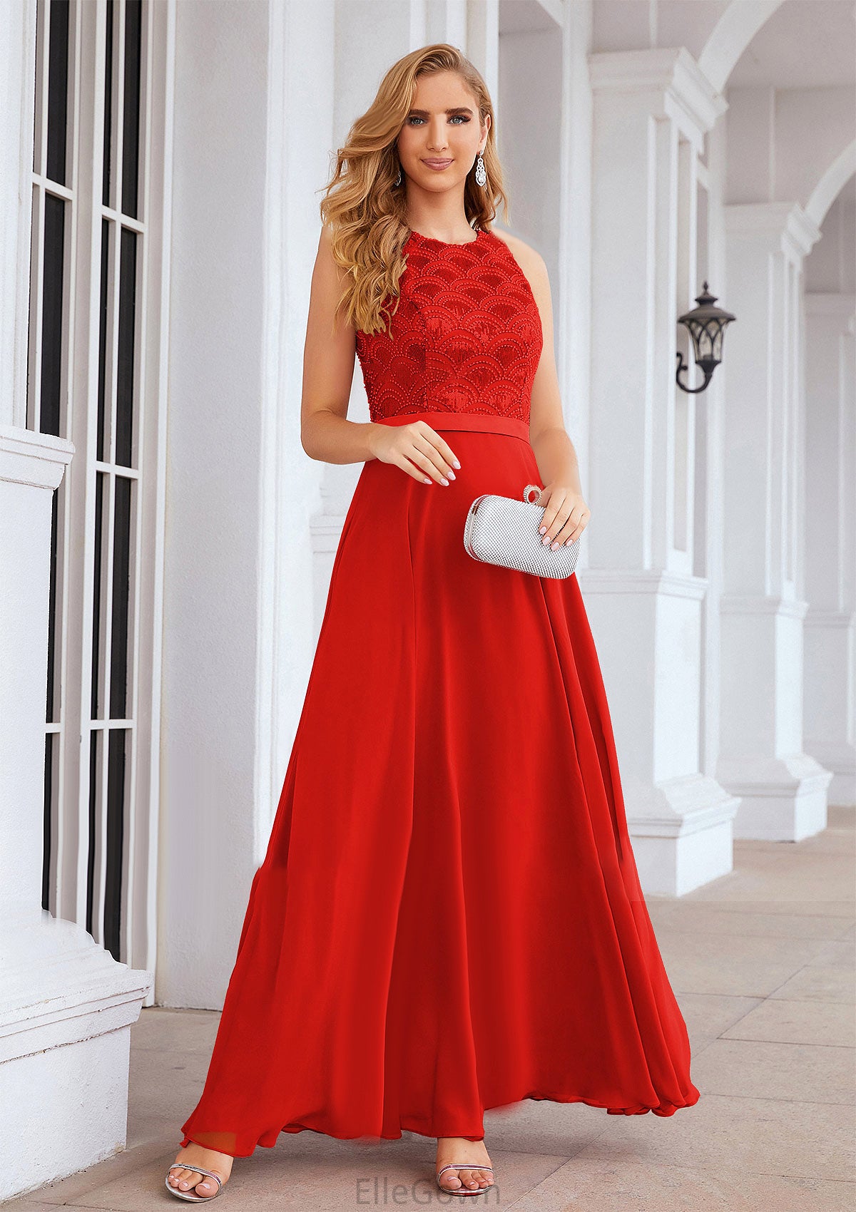 A-line Empire Scalloped Neck Sleeveless Chiffon Long/Floor-Length Bridesmaid Dresses With Beading Sequins Teresa DEP0025392