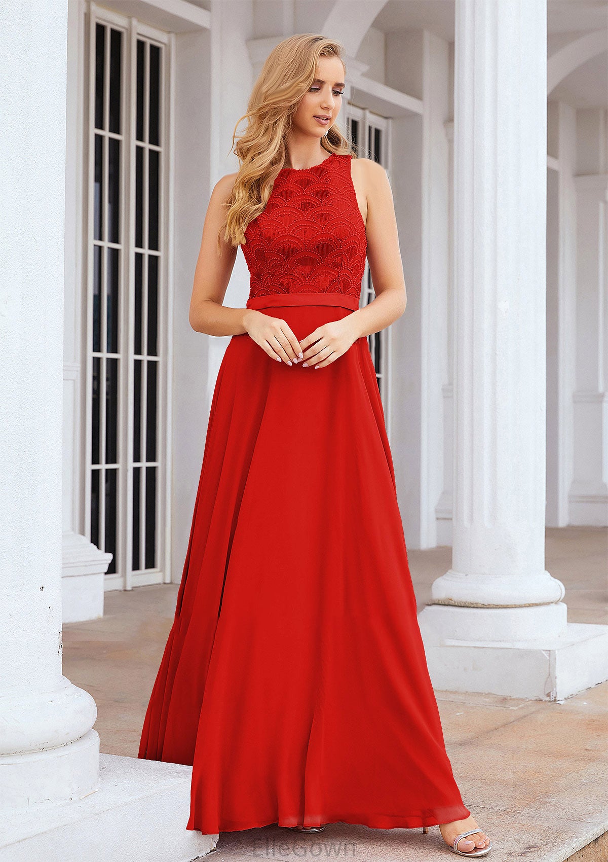 A-line Empire Scalloped Neck Sleeveless Chiffon Long/Floor-Length Bridesmaid Dresses With Beading Sequins Teresa DEP0025392