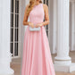 A-line Scalloped Neck Sleeveless Chiffon Long/Floor-Length Bridesmaid Dresses With Beading Georgia DEP0025393