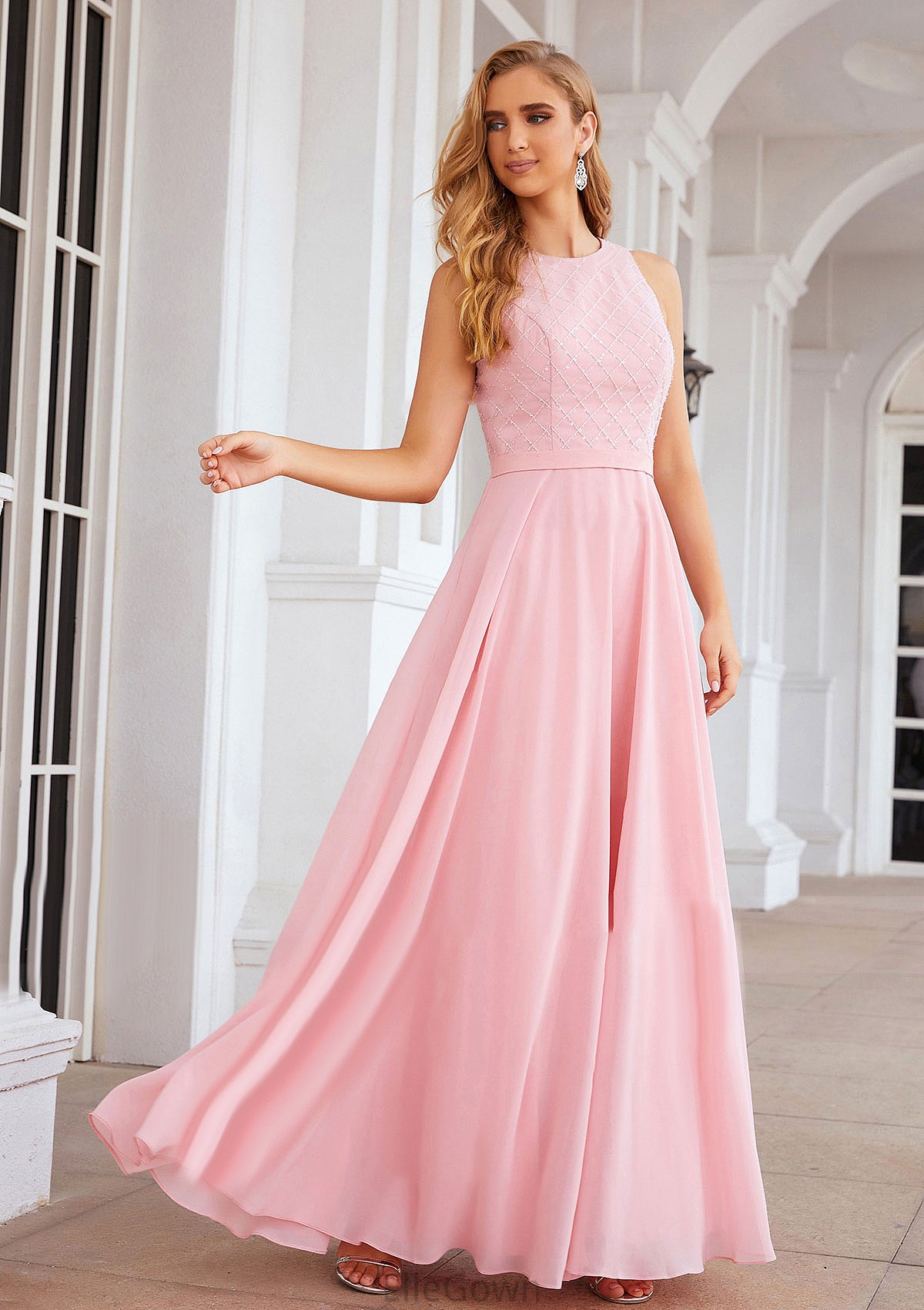 A-line Scalloped Neck Sleeveless Chiffon Long/Floor-Length Bridesmaid Dresses With Beading Georgia DEP0025393