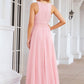 A-line Scalloped Neck Sleeveless Chiffon Long/Floor-Length Bridesmaid Dresses With Beading Georgia DEP0025393