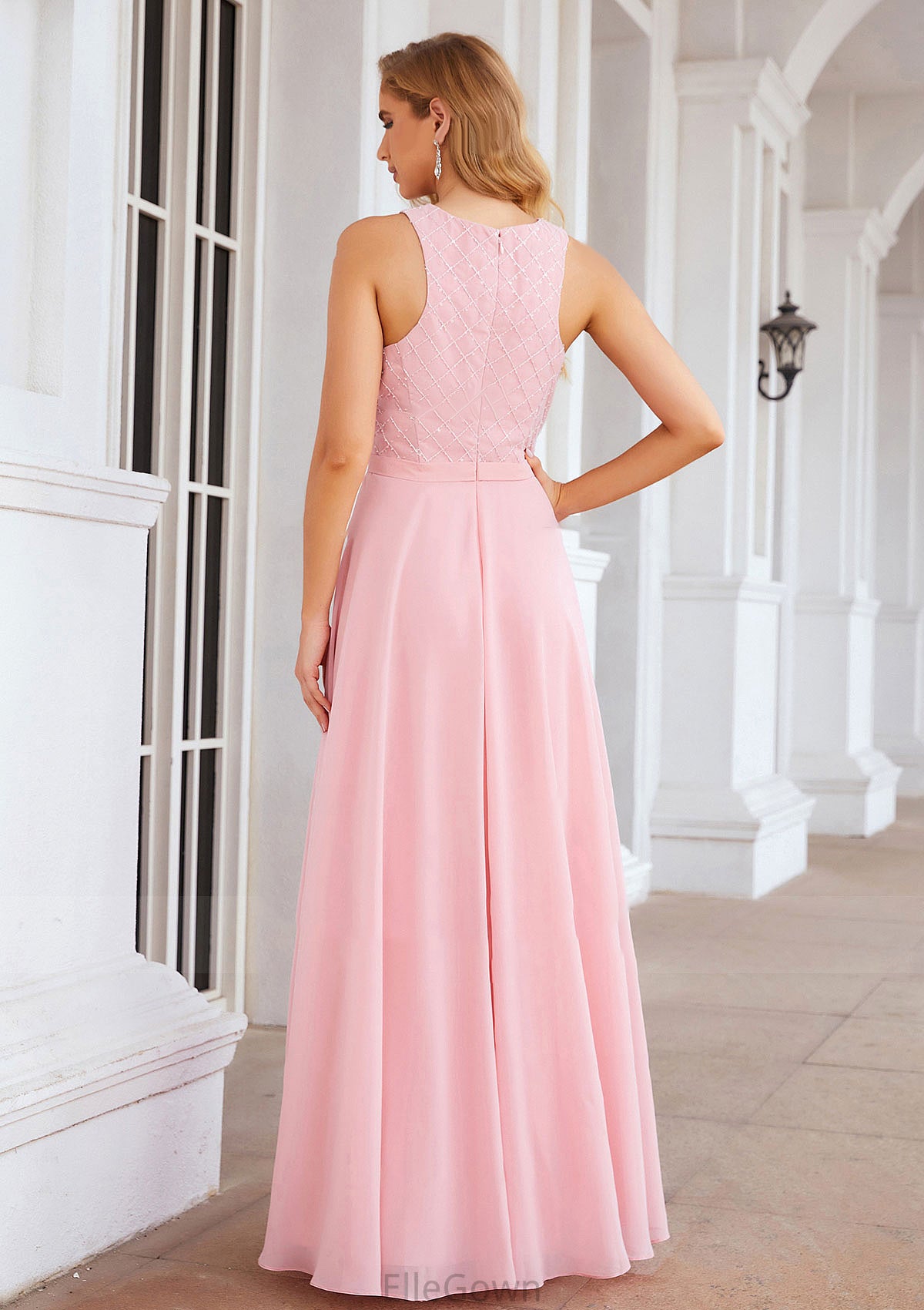 A-line Scalloped Neck Sleeveless Chiffon Long/Floor-Length Bridesmaid Dresses With Beading Georgia DEP0025393