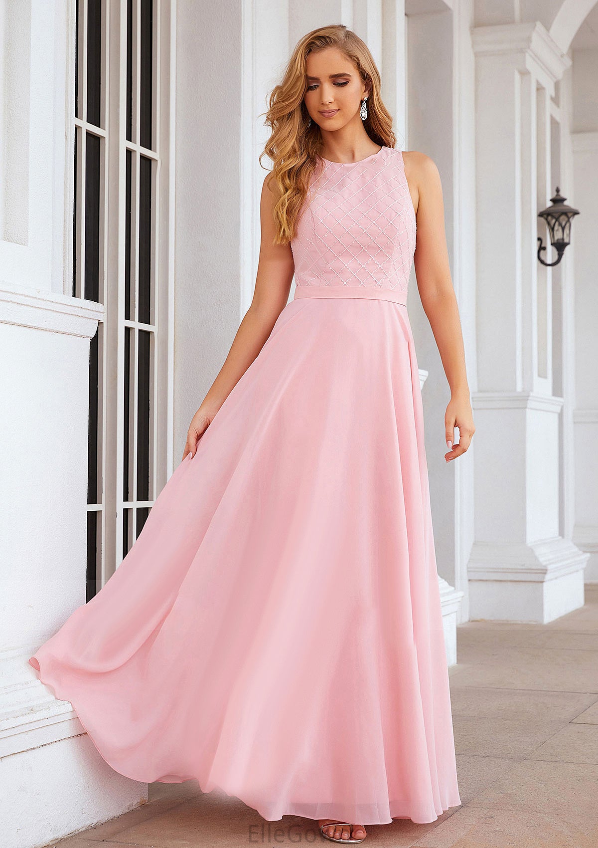 A-line Scalloped Neck Sleeveless Chiffon Long/Floor-Length Bridesmaid Dresses With Beading Georgia DEP0025393