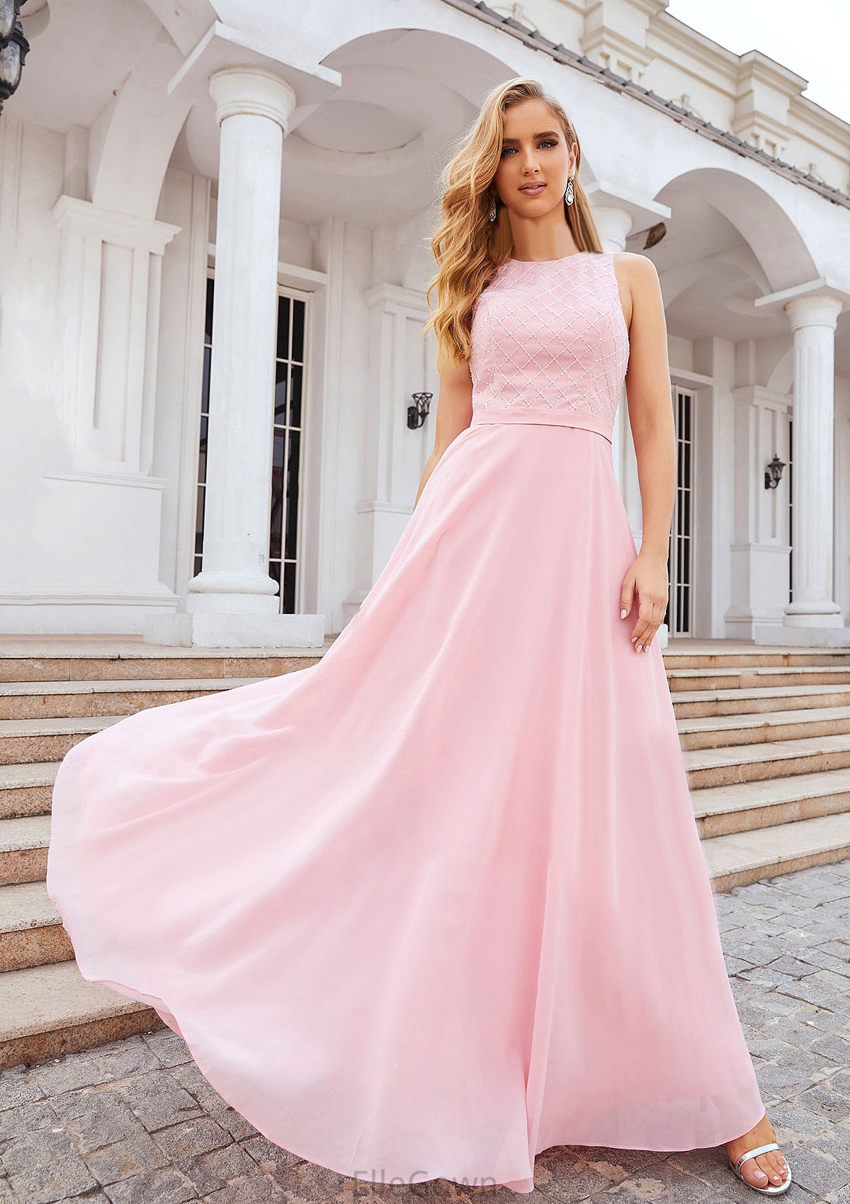 A-line Scalloped Neck Sleeveless Chiffon Long/Floor-Length Bridesmaid Dresses With Beading Georgia DEP0025393