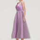 V Neck Sleeveless Tulle Tea-Length A-line/Princess Bridesmaid Dresses With Waistband Beading Pleated Lauren DEP0025395