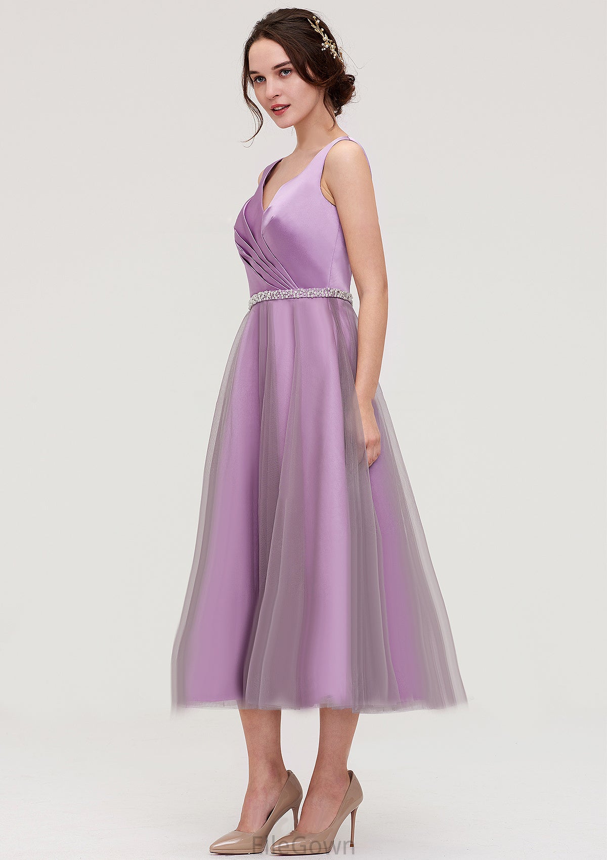 V Neck Sleeveless Tulle Tea-Length A-line/Princess Bridesmaid Dresses With Waistband Beading Pleated Lauren DEP0025395