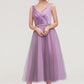 V Neck Sleeveless Tulle Tea-Length A-line/Princess Bridesmaid Dresses With Waistband Beading Pleated Lauren DEP0025395