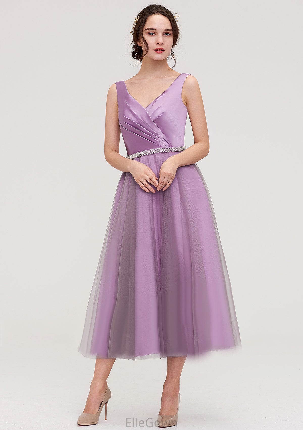 V Neck Sleeveless Tulle Tea-Length A-line/Princess Bridesmaid Dresses With Waistband Beading Pleated Lauren DEP0025395