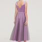 V Neck Sleeveless Tulle Tea-Length A-line/Princess Bridesmaid Dresses With Waistband Beading Pleated Lauren DEP0025395