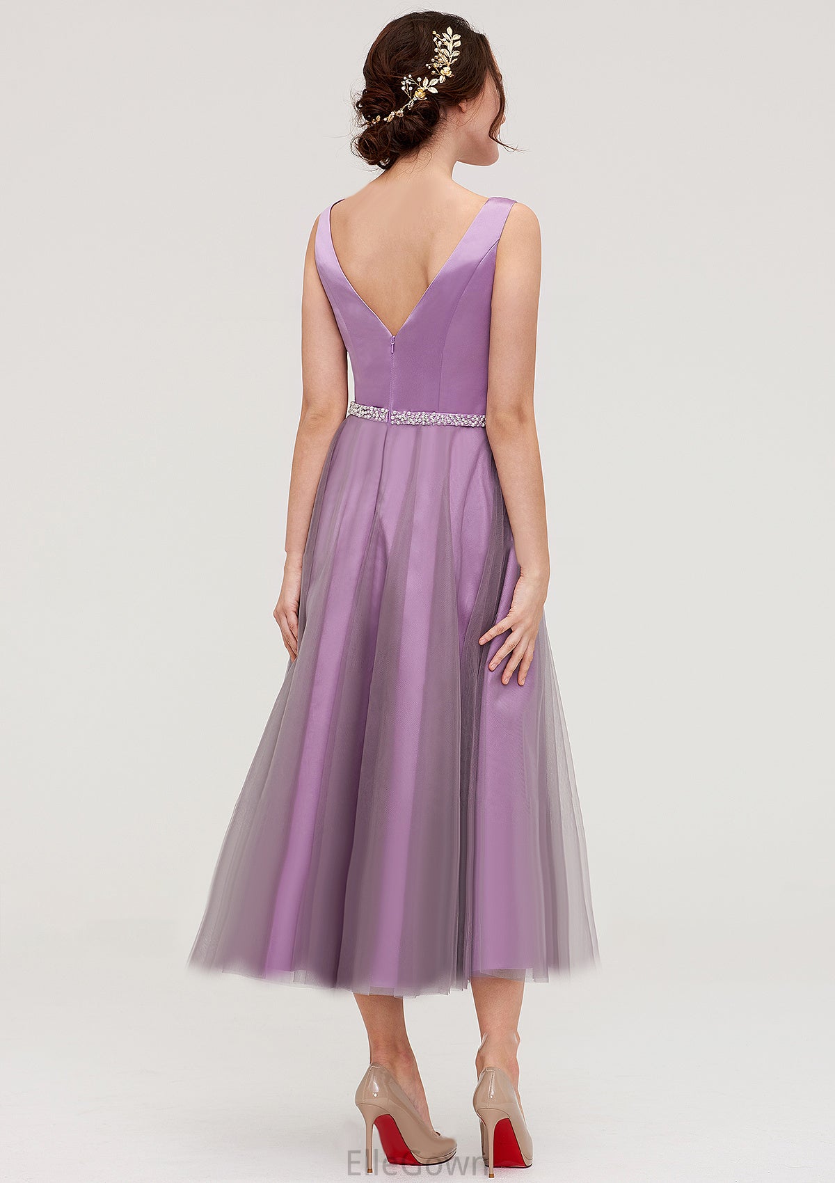 V Neck Sleeveless Tulle Tea-Length A-line/Princess Bridesmaid Dresses With Waistband Beading Pleated Lauren DEP0025395