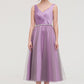 V Neck Sleeveless Tulle Tea-Length A-line/Princess Bridesmaid Dresses With Waistband Beading Pleated Lauren DEP0025395