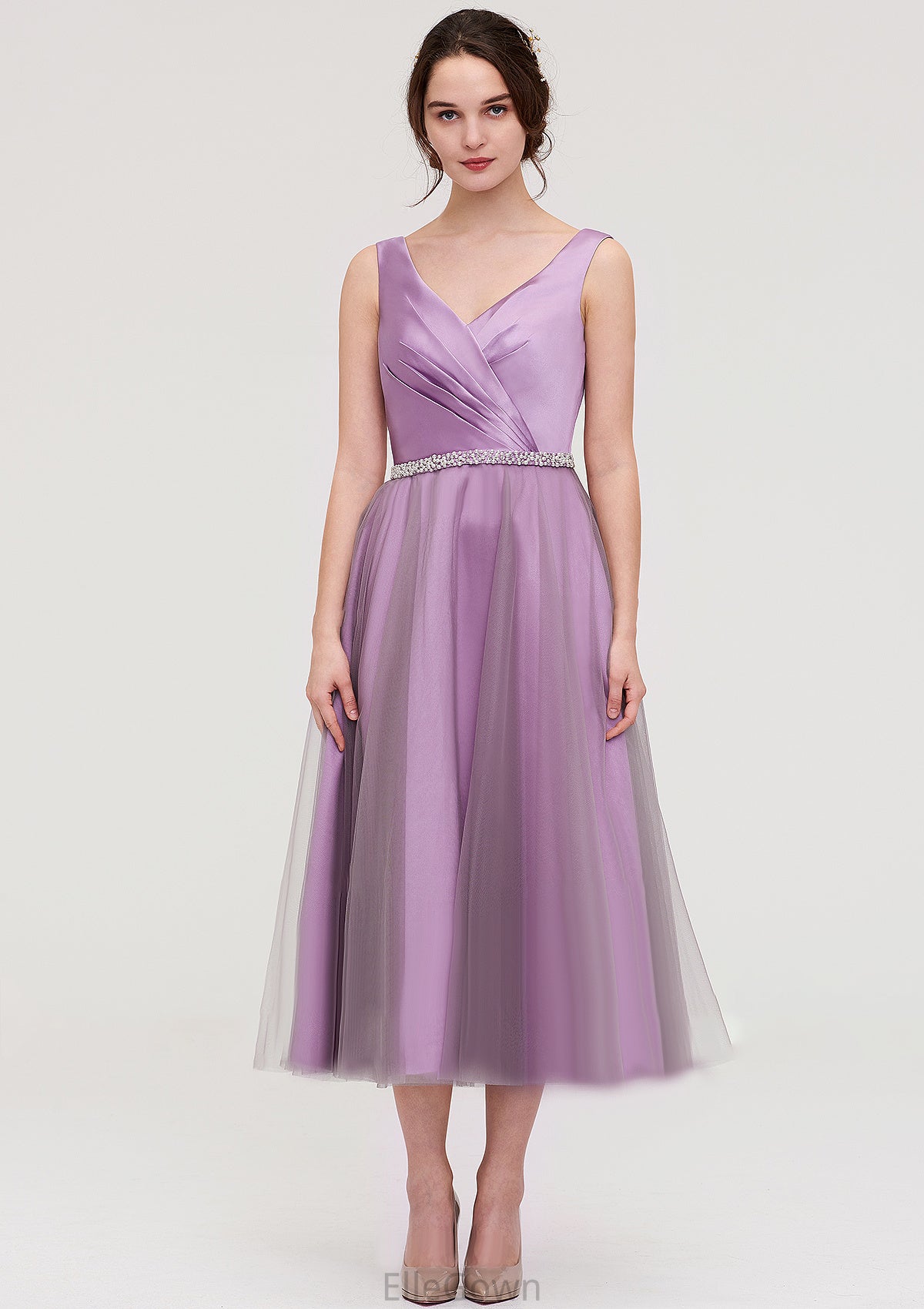 V Neck Sleeveless Tulle Tea-Length A-line/Princess Bridesmaid Dresses With Waistband Beading Pleated Lauren DEP0025395