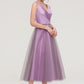 V Neck Sleeveless Tulle Tea-Length A-line/Princess Bridesmaid Dresses With Waistband Beading Pleated Lauren DEP0025395