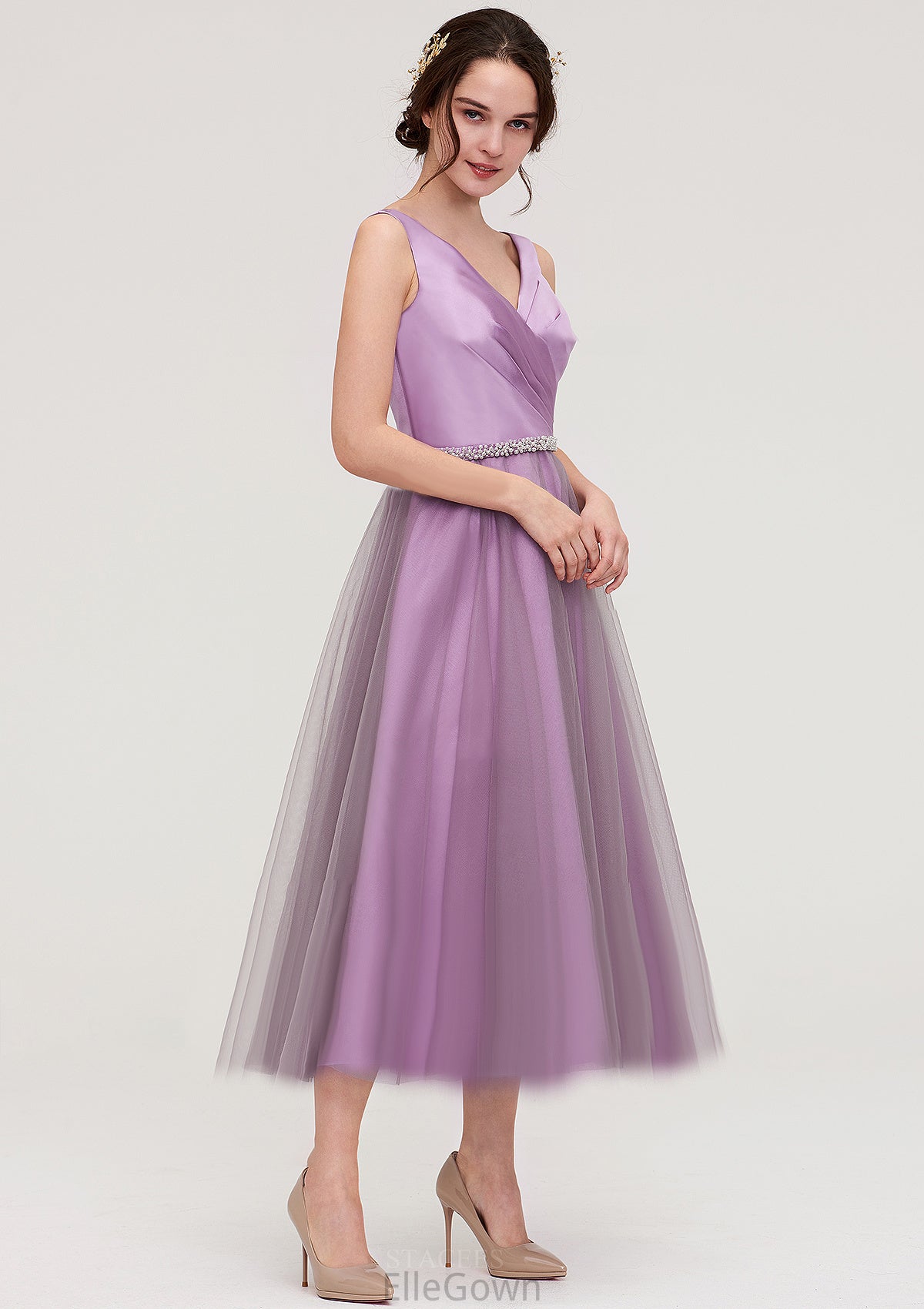 V Neck Sleeveless Tulle Tea-Length A-line/Princess Bridesmaid Dresses With Waistband Beading Pleated Lauren DEP0025395