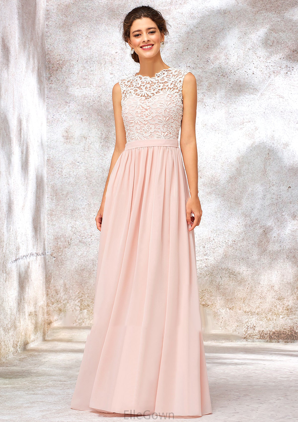 Scoop Neck Sleeveless Long/Floor-Length Chiffon A-line/Princess Bridesmaid Dresses With Lace Raven DEP0025398