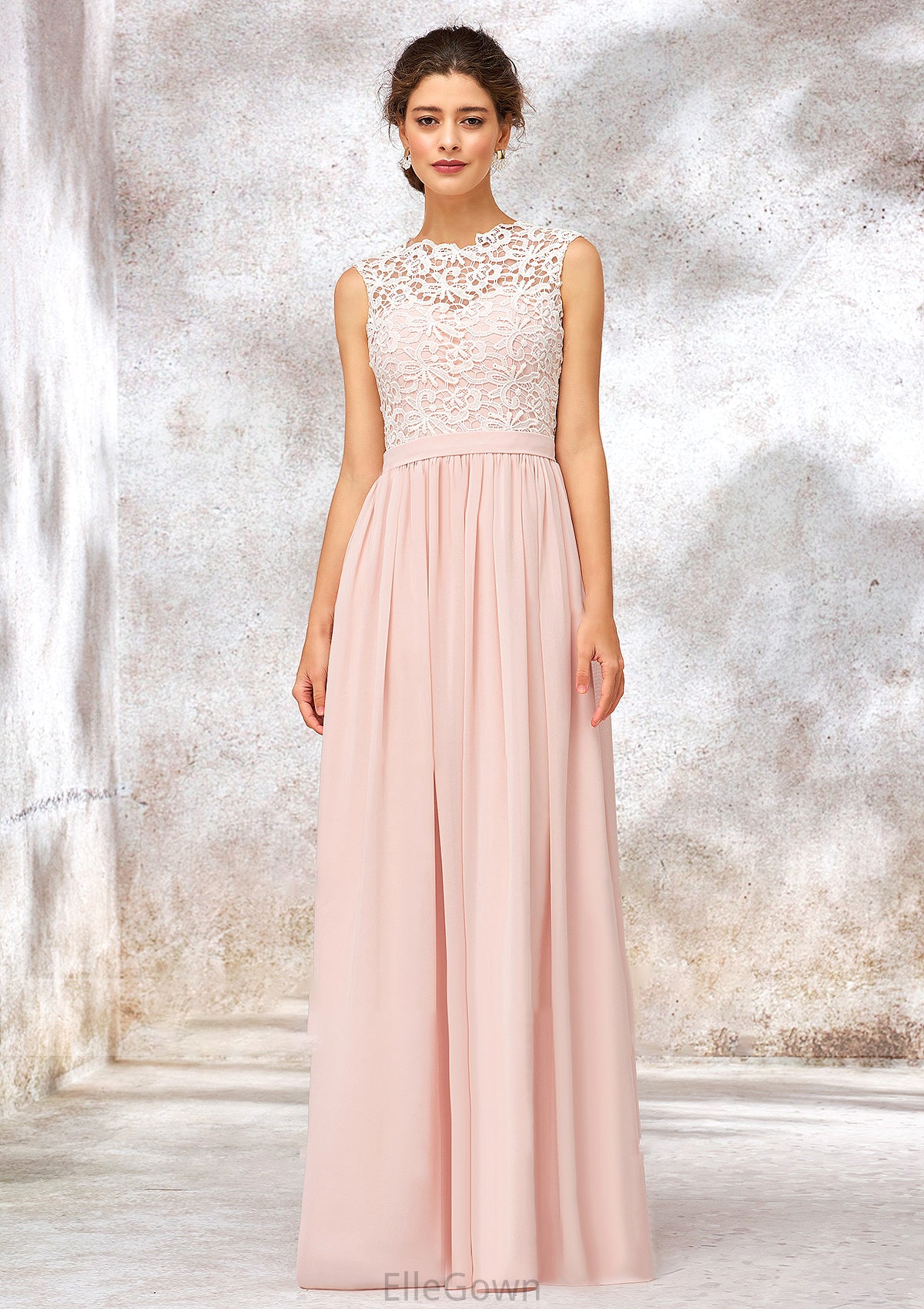 Scoop Neck Sleeveless Long/Floor-Length Chiffon A-line/Princess Bridesmaid Dresses With Lace Raven DEP0025398