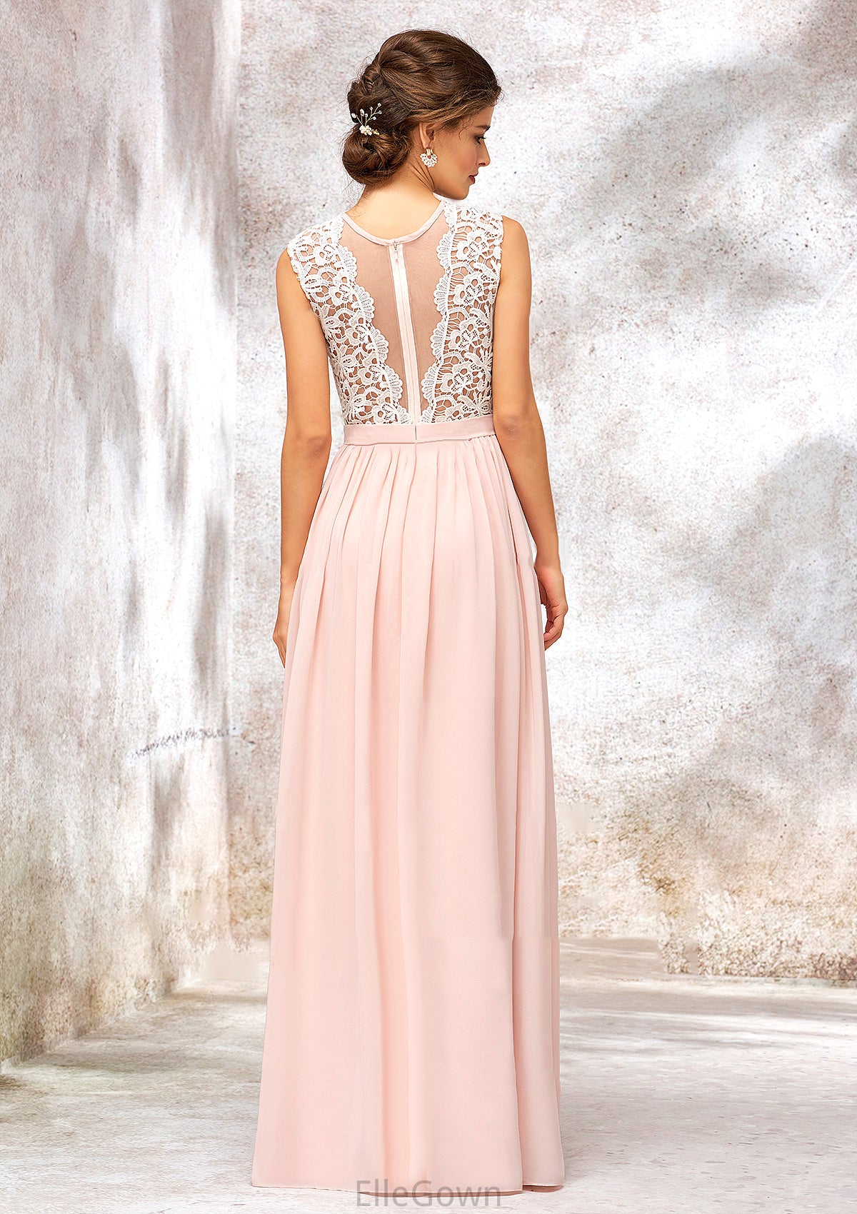 Scoop Neck Sleeveless Long/Floor-Length Chiffon A-line/Princess Bridesmaid Dresses With Lace Raven DEP0025398