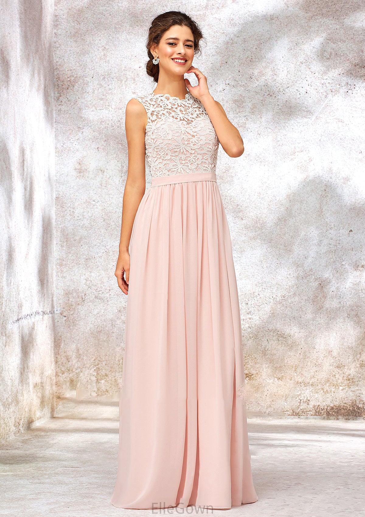 Scoop Neck Sleeveless Long/Floor-Length Chiffon A-line/Princess Bridesmaid Dresses With Lace Raven DEP0025398