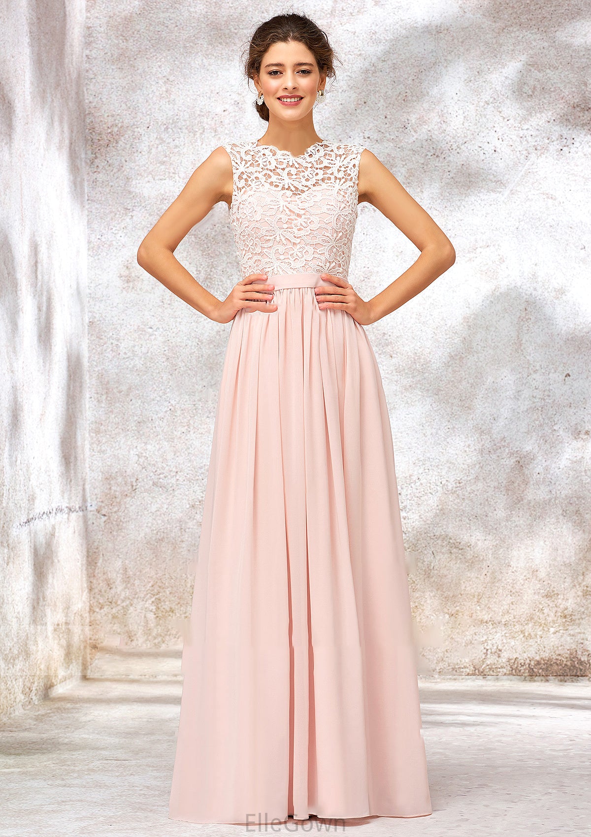 Scoop Neck Sleeveless Long/Floor-Length Chiffon A-line/Princess Bridesmaid Dresses With Lace Raven DEP0025398