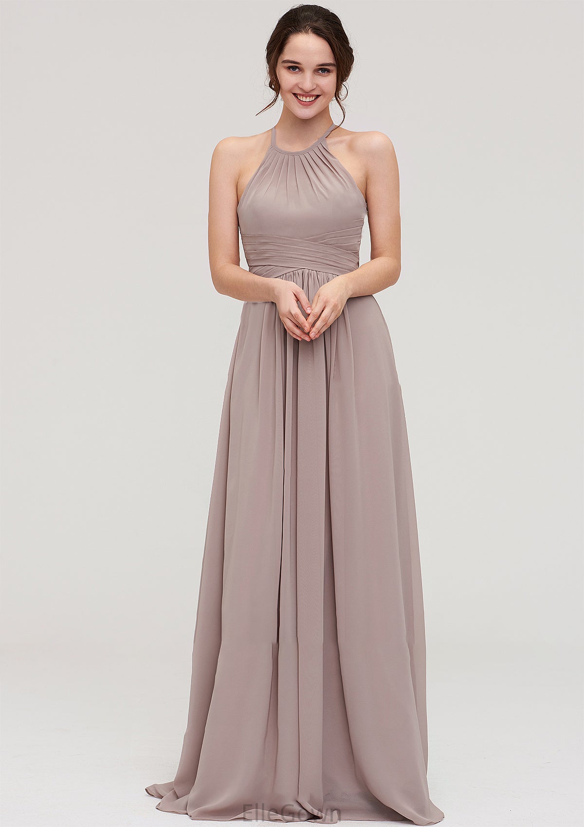 Scoop Neck Sleeveless A-line/Princess Chiffon Long/Floor-Length Bridesmaid Dresseses With Pleated Gracie DEP0025399