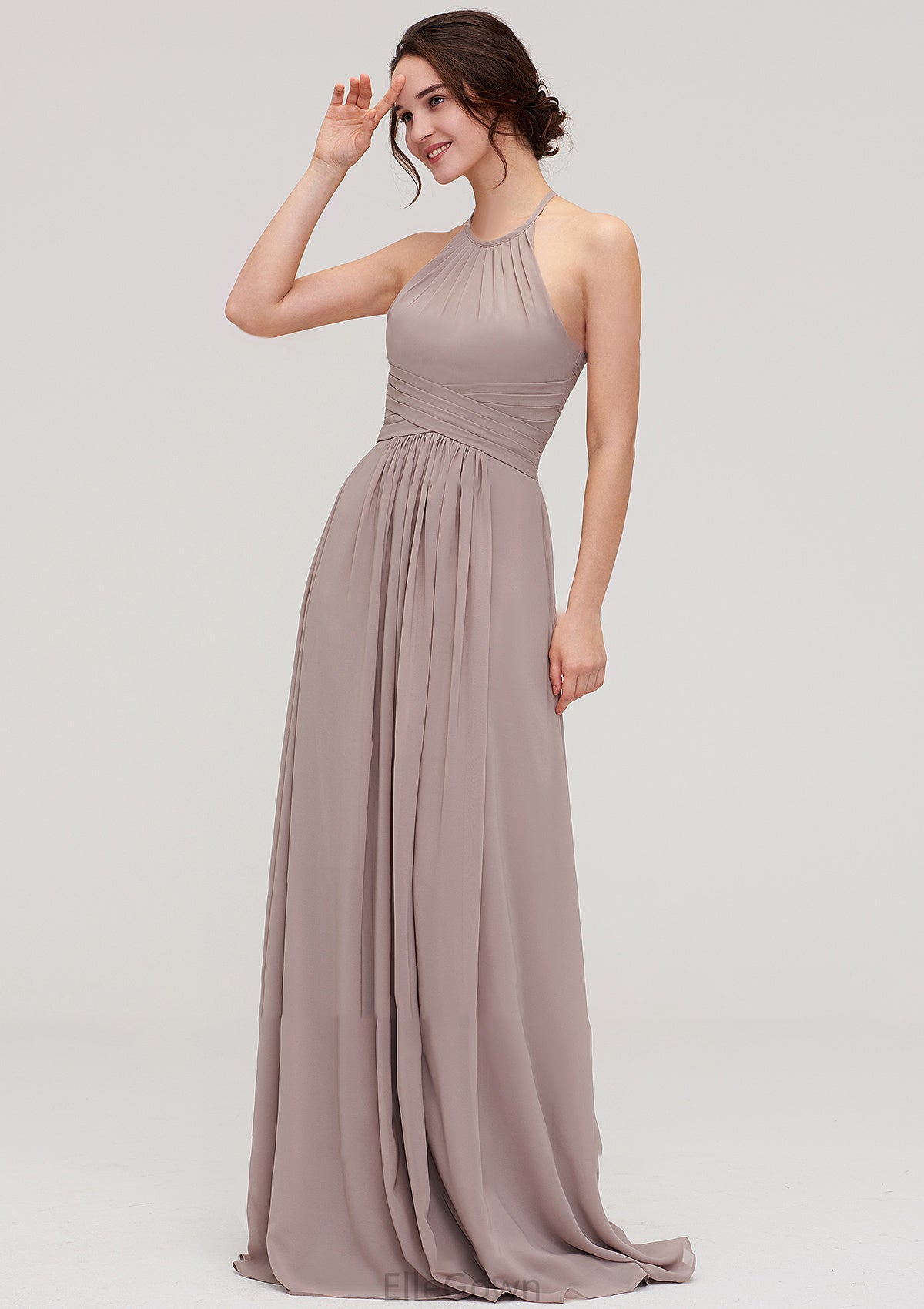 Scoop Neck Sleeveless A-line/Princess Chiffon Long/Floor-Length Bridesmaid Dresseses With Pleated Gracie DEP0025399