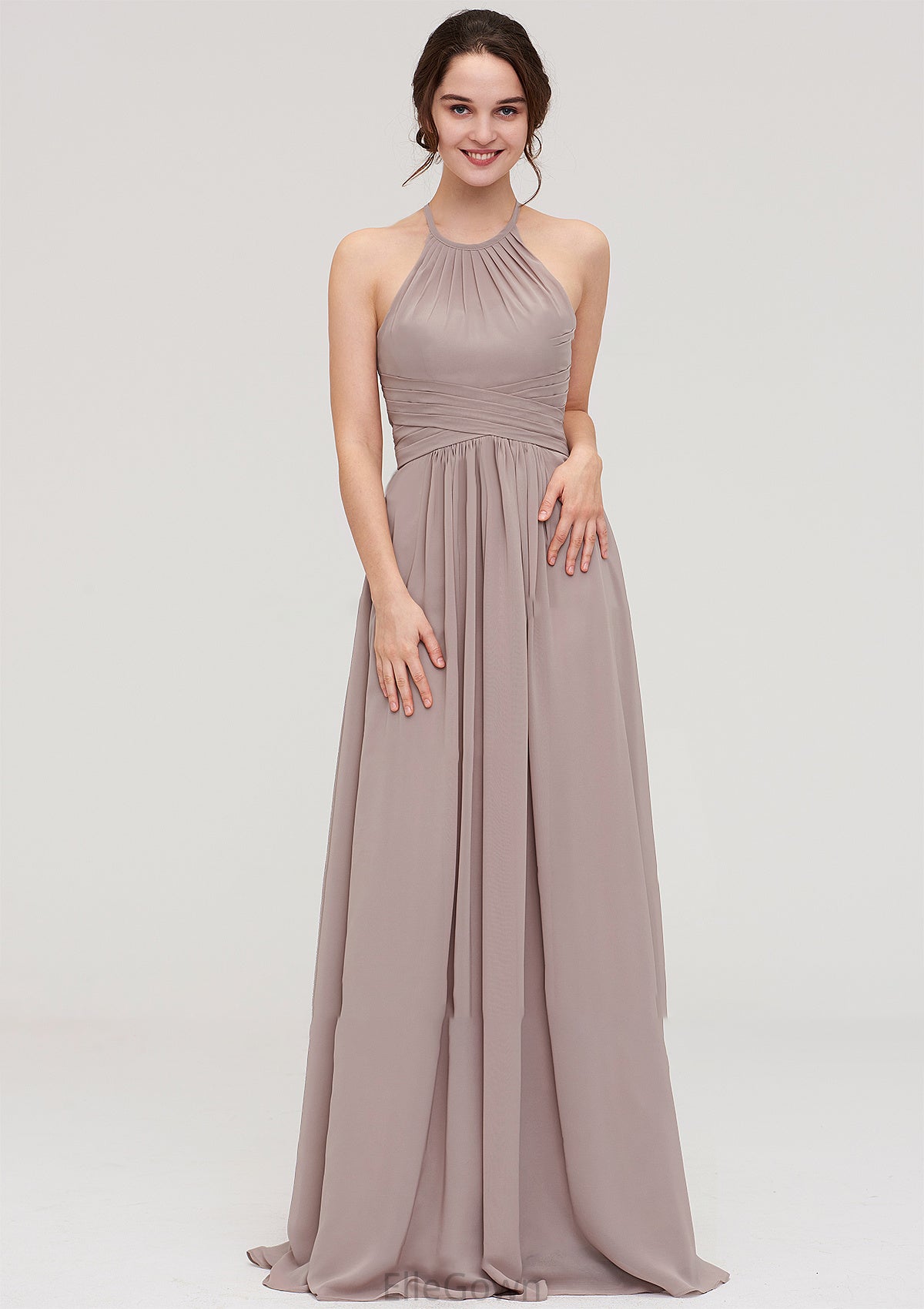 Scoop Neck Sleeveless A-line/Princess Chiffon Long/Floor-Length Bridesmaid Dresseses With Pleated Gracie DEP0025399