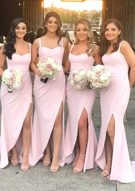 Sheath/Column Sweetheart Sleeveless Sweep Train Elastic Satin Bridesmaid Dresses With Pleated Split Vicky DEP0025400