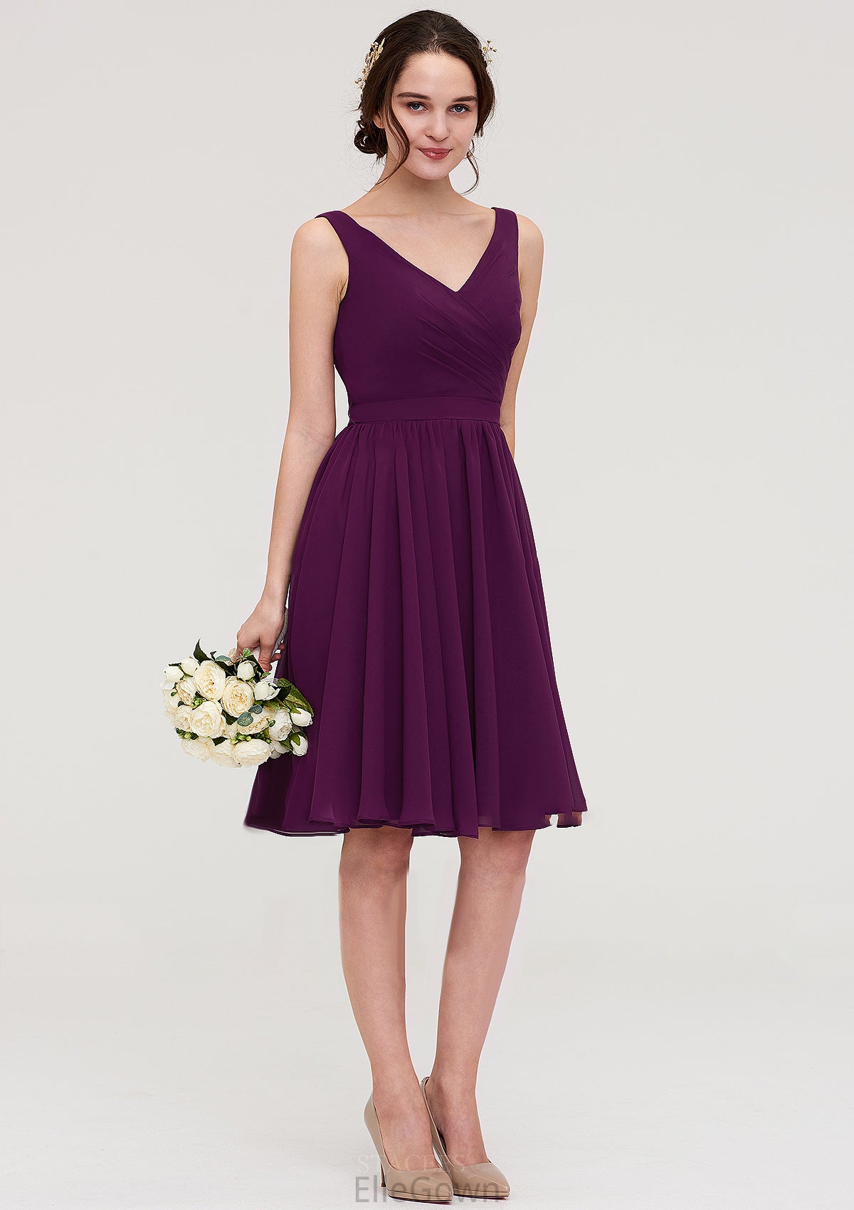 Sleeveless V Neck Chiffon A-line/Princess Knee-Length Bridesmaid Dresses With Pleated Anabel DEP0025401