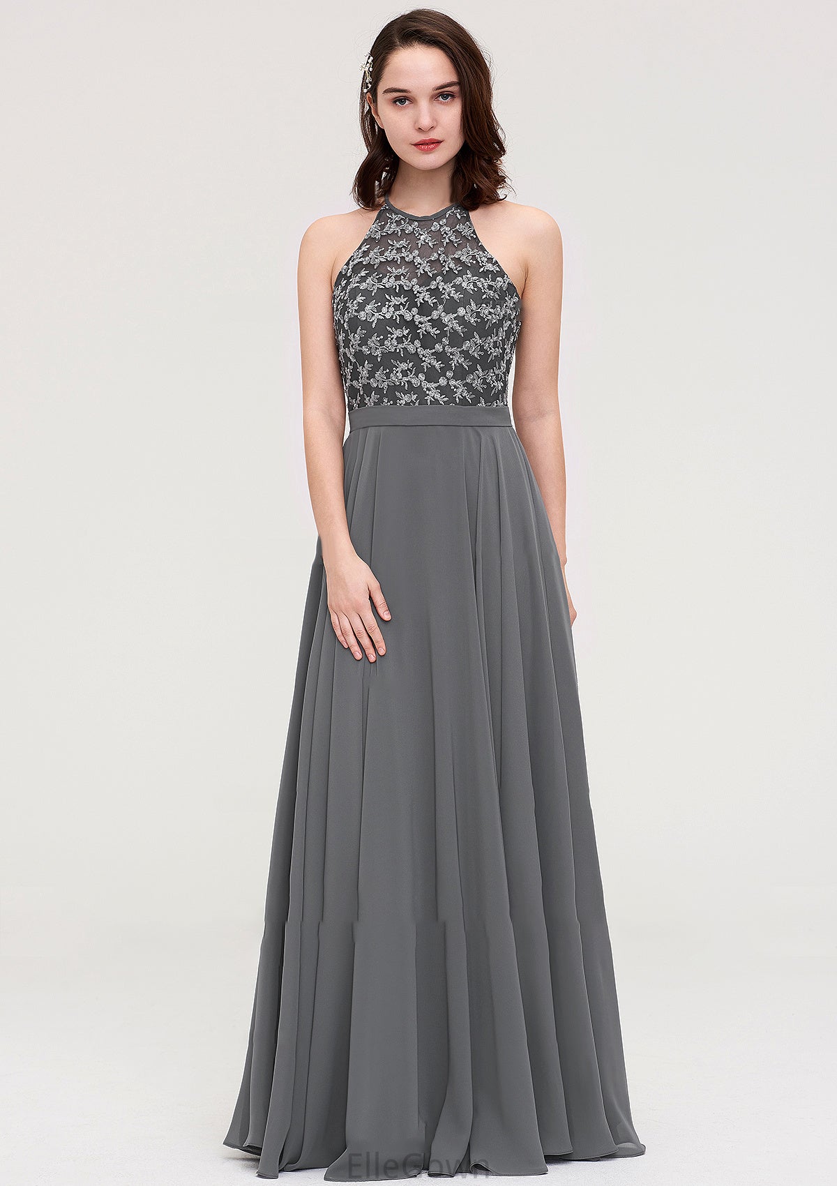 A-line/Princess Halter Long/Floor-Length Chiffon A-line/Princess Bridesmaid Dresses With Appliqued Nathalia DEP0025402