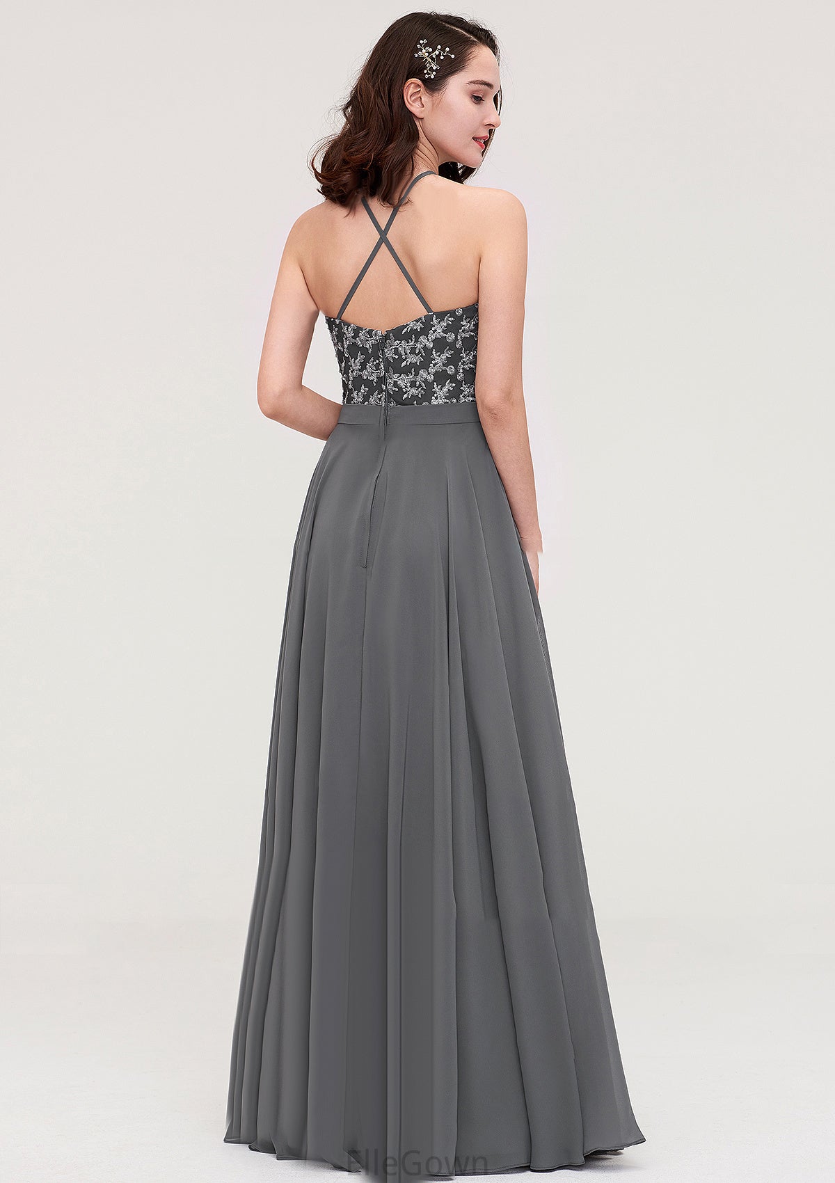 A-line/Princess Halter Long/Floor-Length Chiffon A-line/Princess Bridesmaid Dresses With Appliqued Nathalia DEP0025402