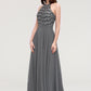 A-line/Princess Halter Long/Floor-Length Chiffon A-line/Princess Bridesmaid Dresses With Appliqued Nathalia DEP0025402