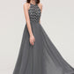 A-line/Princess Halter Long/Floor-Length Chiffon A-line/Princess Bridesmaid Dresses With Appliqued Nathalia DEP0025402