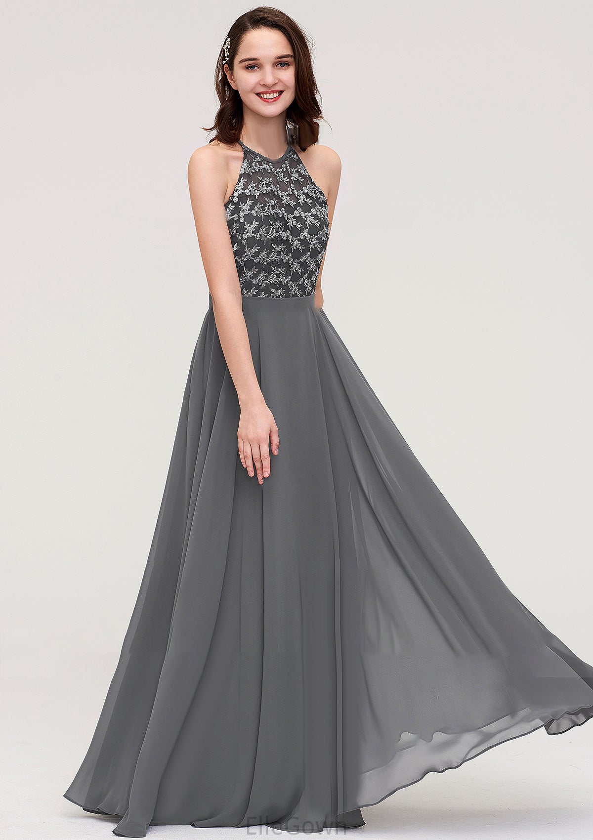 A-line/Princess Halter Long/Floor-Length Chiffon A-line/Princess Bridesmaid Dresses With Appliqued Nathalia DEP0025402