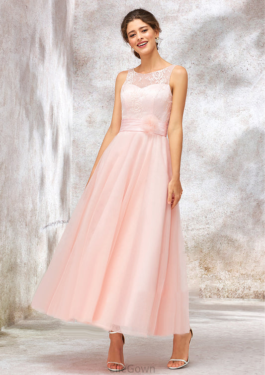 Bateau Sleeveless Tea-Length Tulle A-line/Princess Bridesmaid Dresses With Waistband Lace Leyla DEP0025403