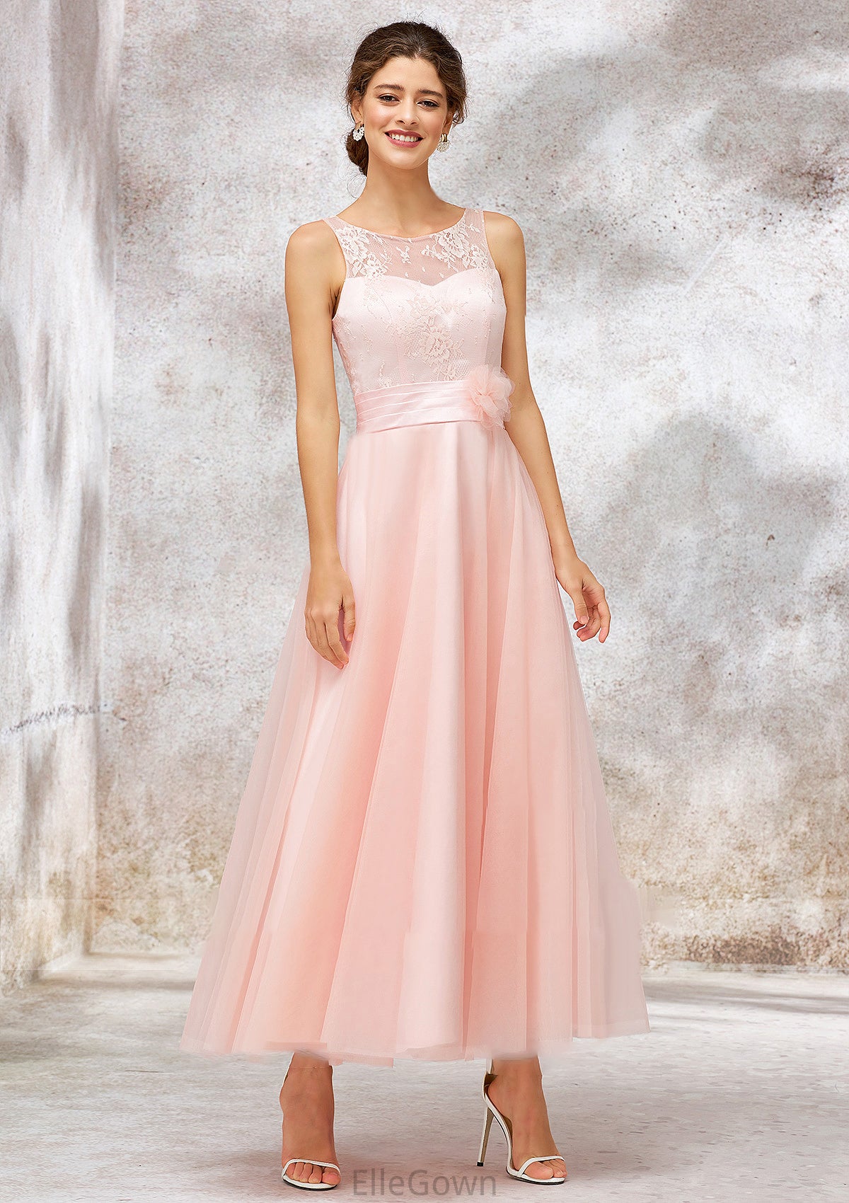 Bateau Sleeveless Tea-Length Tulle A-line/Princess Bridesmaid Dresses With Waistband Lace Leyla DEP0025403