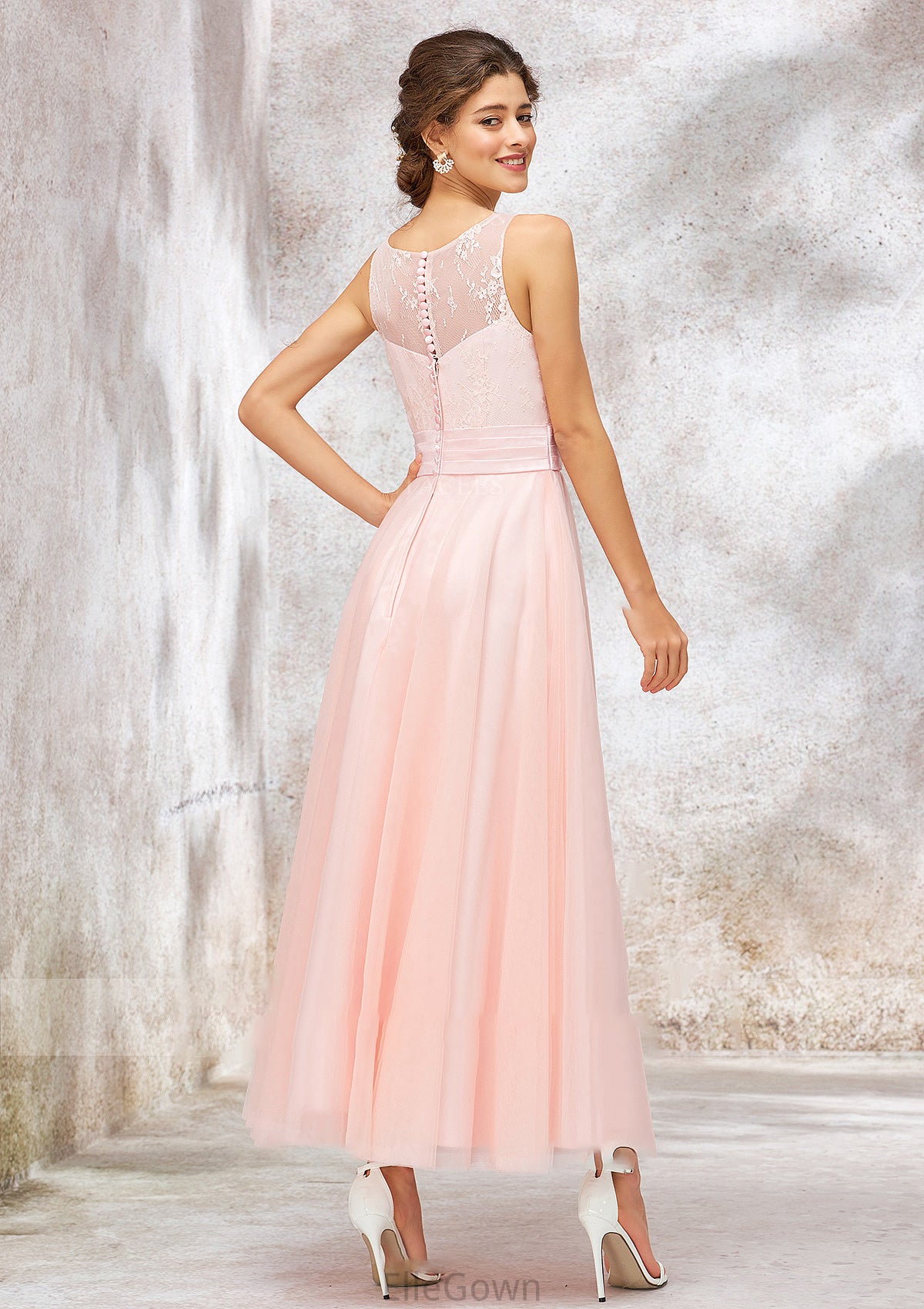 Bateau Sleeveless Tea-Length Tulle A-line/Princess Bridesmaid Dresses With Waistband Lace Leyla DEP0025403