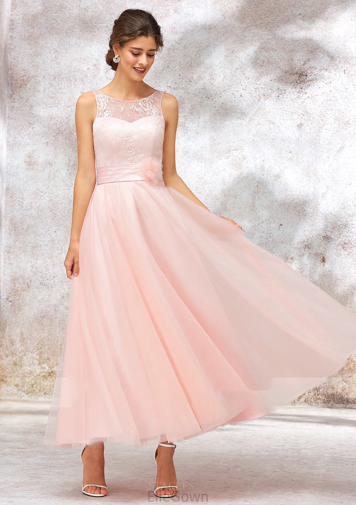 Bateau Sleeveless Tea-Length Tulle A-line/Princess Bridesmaid Dresses With Waistband Lace Leyla DEP0025403