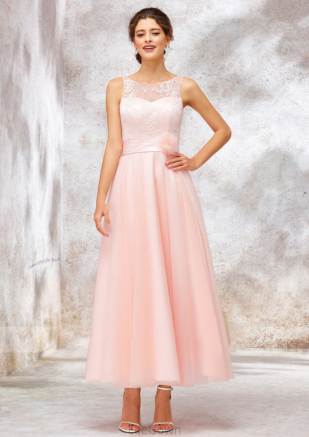 Bateau Sleeveless Tea-Length Tulle A-line/Princess Bridesmaid Dresses With Waistband Lace Leyla DEP0025403