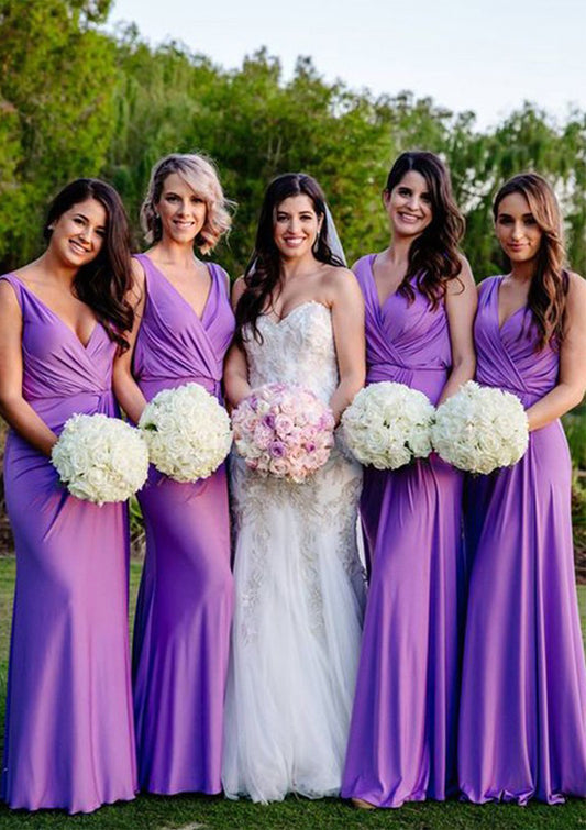 Sheath/Column V Neck Sleeveless Long/Floor-Length Jersey Bridesmaid Dresses With Pleated Ingrid DEP0025404