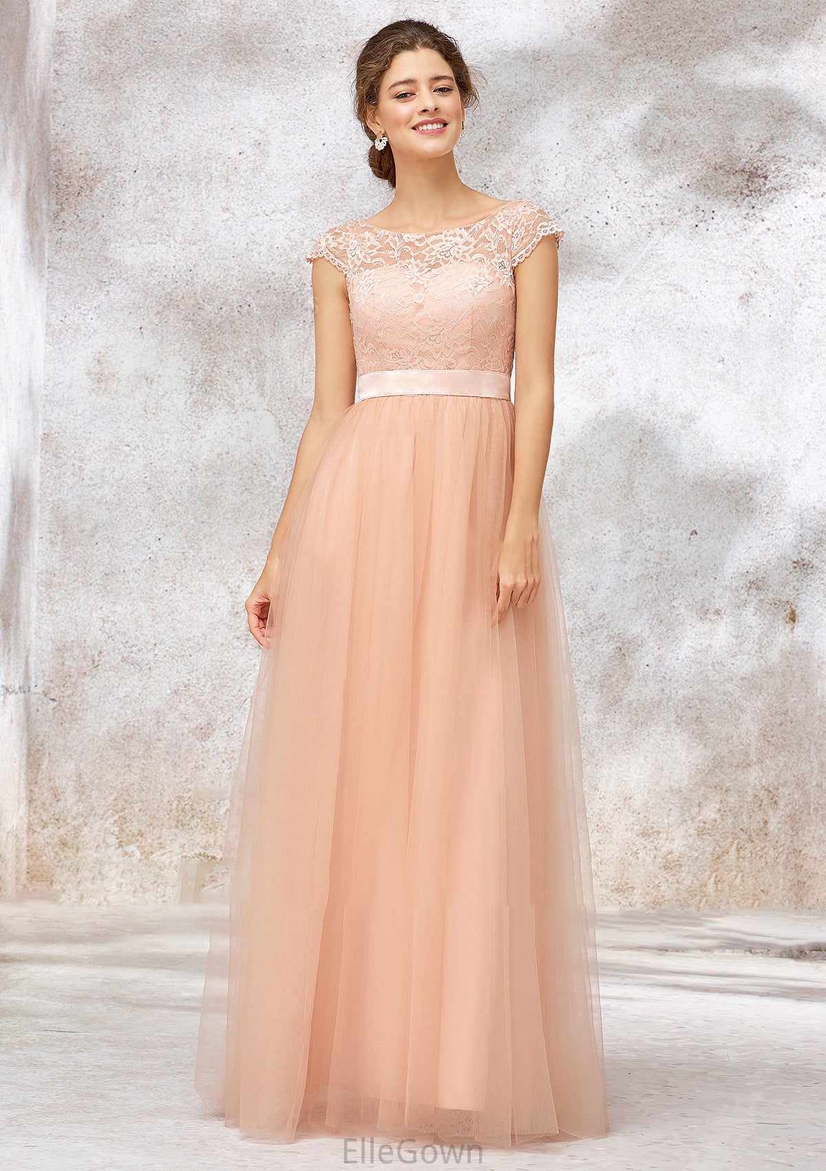 Sleeveless Bateau Long/Floor-Length Tulle A-line/Princess Bridesmaid Dresses With Sashes Lace Norma DEP0025405