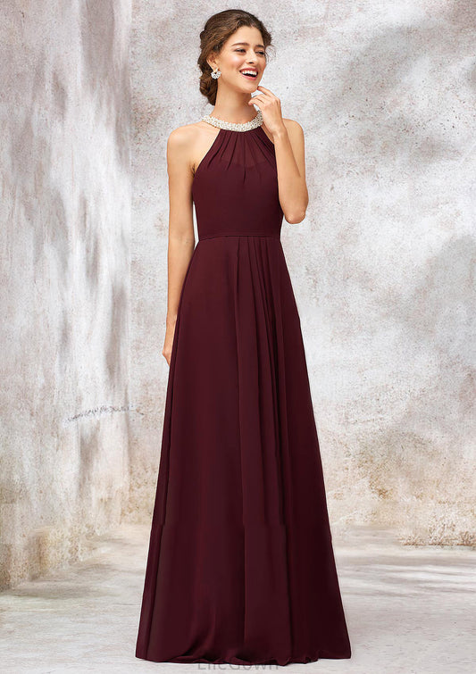 Sleeveless Scoop Neck Long/Floor-Length Chiffon A-line/Princess Bridesmaid Dresses With Pleated Beading Kaylie DEP0025406