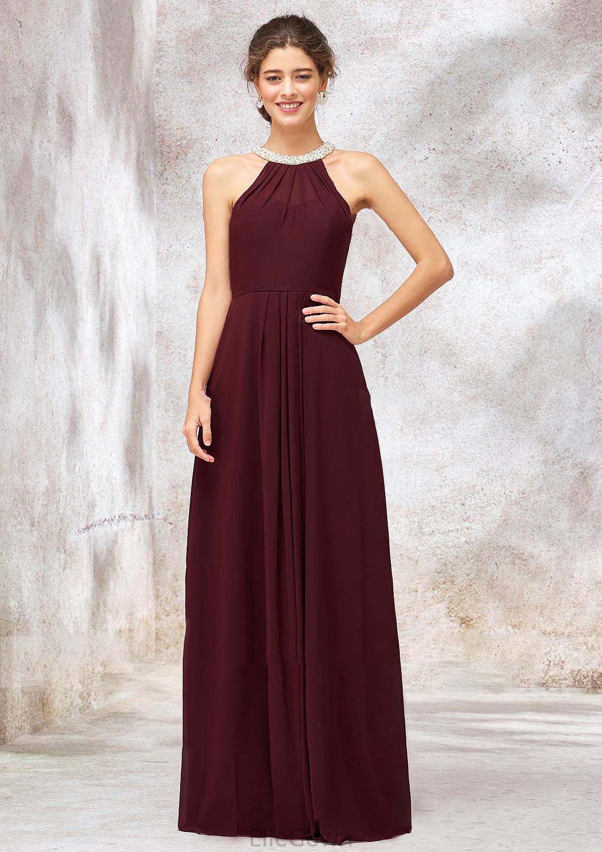 Sleeveless Scoop Neck Long/Floor-Length Chiffon A-line/Princess Bridesmaid Dresses With Pleated Beading Kaylie DEP0025406