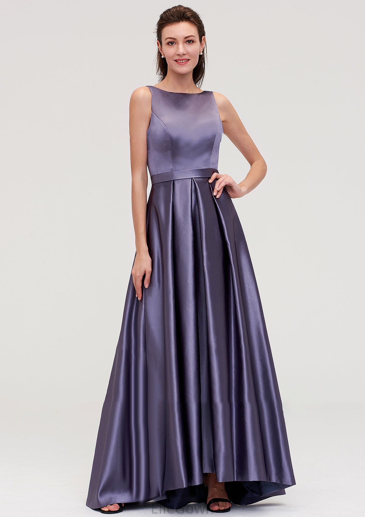 Sleeveless Bateau Ankle-Length Satin A-line/Princess Bridesmaid Dresses With Pleated Vivien DEP0025409