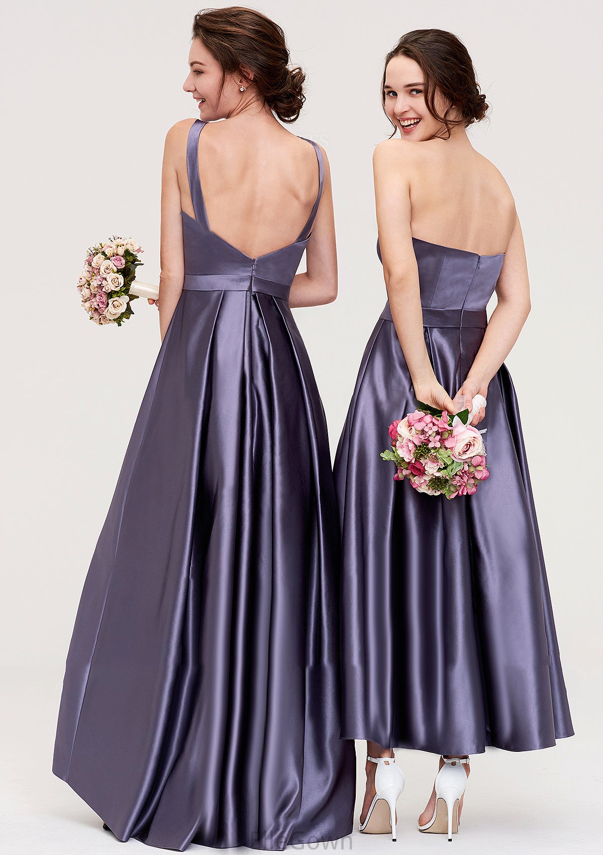 Sleeveless Bateau Ankle-Length Satin A-line/Princess Bridesmaid Dresses With Pleated Vivien DEP0025409