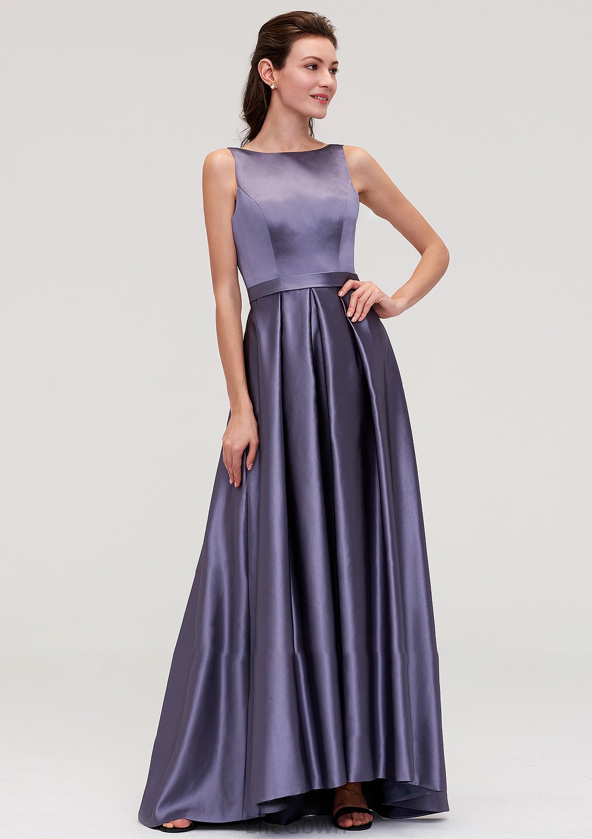 Sleeveless Bateau Ankle-Length Satin A-line/Princess Bridesmaid Dresses With Pleated Vivien DEP0025409