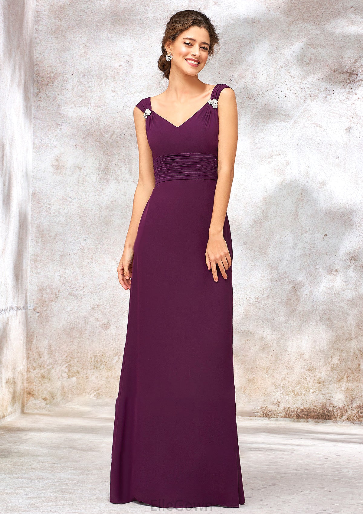 V Neck Sleeveless Long/Floor-Length Sheath/Column Chiffon Bridesmaid Dresses With Sashes Pleated Beading Kaydence DEP0025412