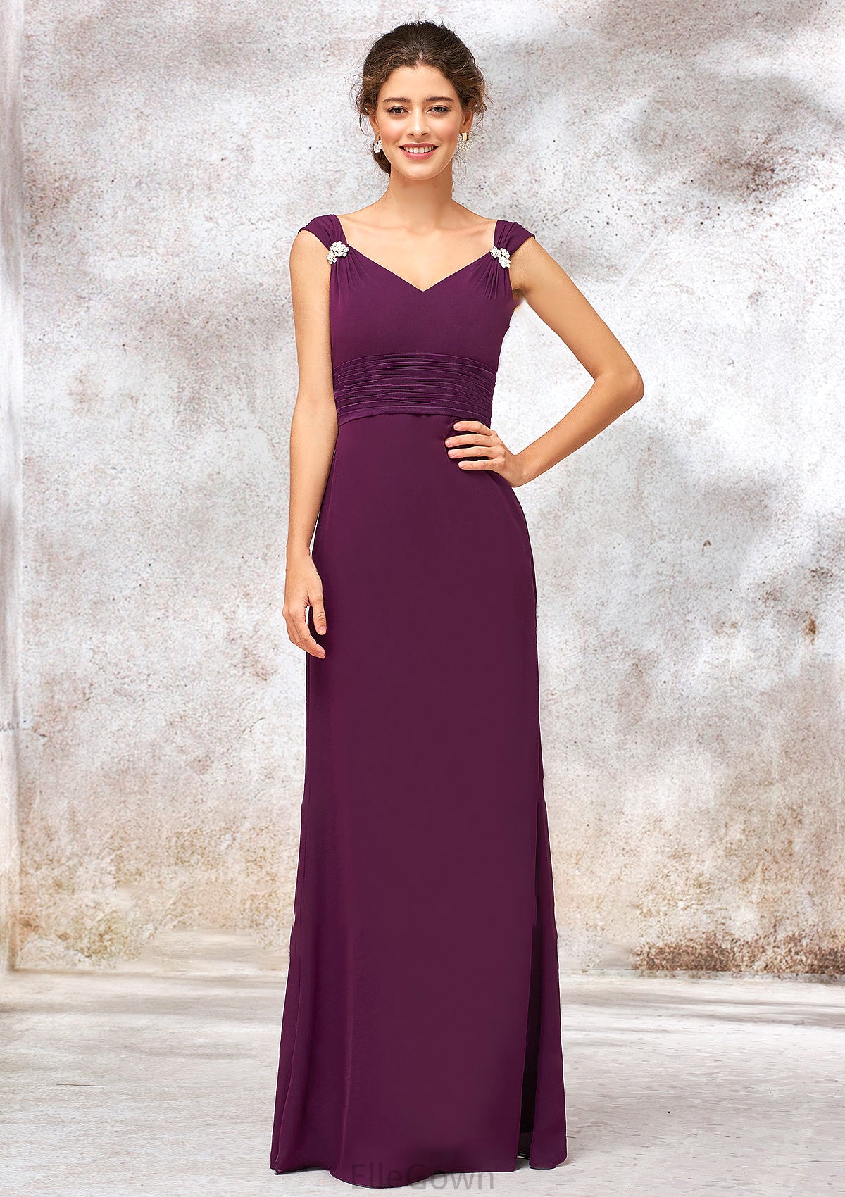 V Neck Sleeveless Long/Floor-Length Sheath/Column Chiffon Bridesmaid Dresses With Sashes Pleated Beading Kaydence DEP0025412