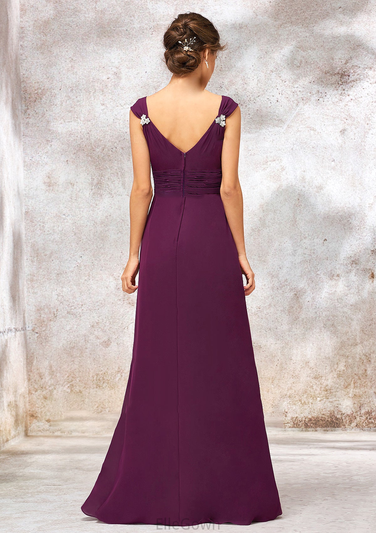 V Neck Sleeveless Long/Floor-Length Sheath/Column Chiffon Bridesmaid Dresses With Sashes Pleated Beading Kaydence DEP0025412