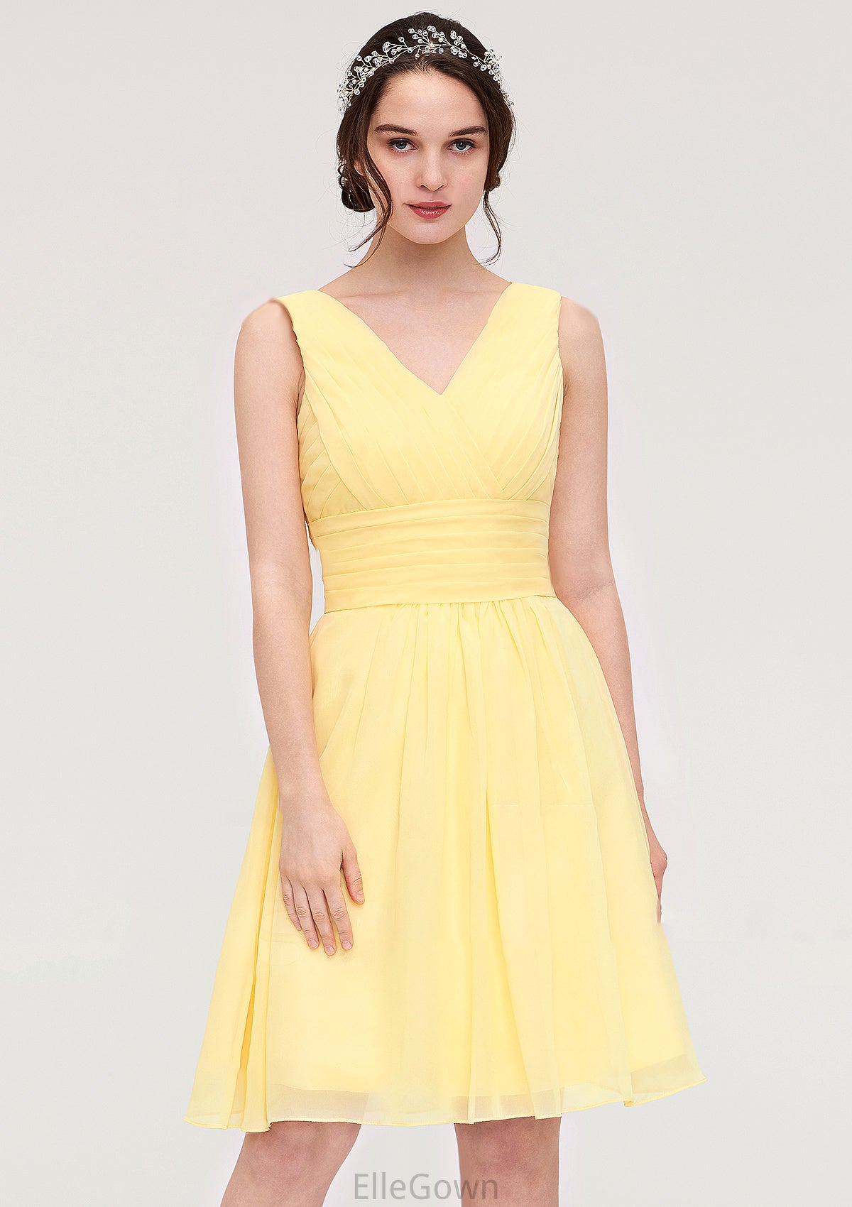 V Neck Sleeveless A-line/Princess Chiffon Knee-Length Bridesmaid Dresses With Pleated Jasmine DEP0025414