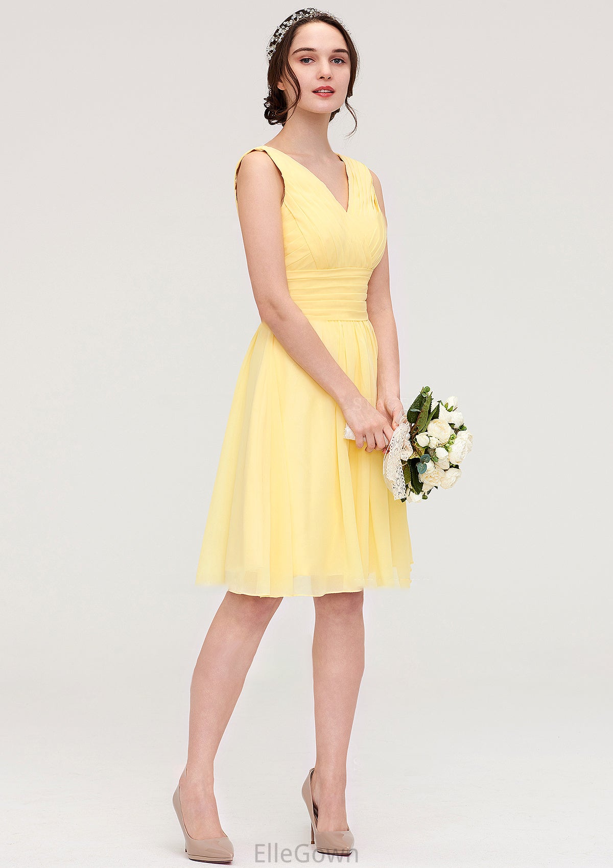 V Neck Sleeveless A-line/Princess Chiffon Knee-Length Bridesmaid Dresses With Pleated Jasmine DEP0025414